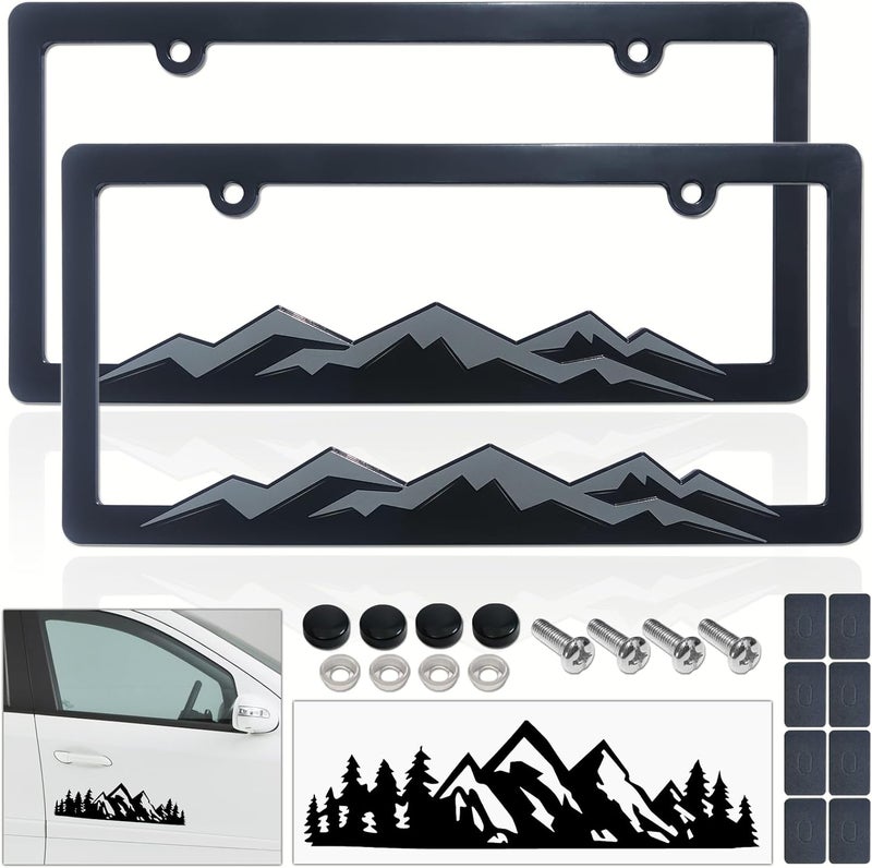 BGGTMO Mountain License Plate Frames- Gray on Black Mountain Raised, Plastic Car Tag Holder Bracket with Screws Caps, 2 Packs 2 Hole with Mountain Vinyl Sticker - Image 1